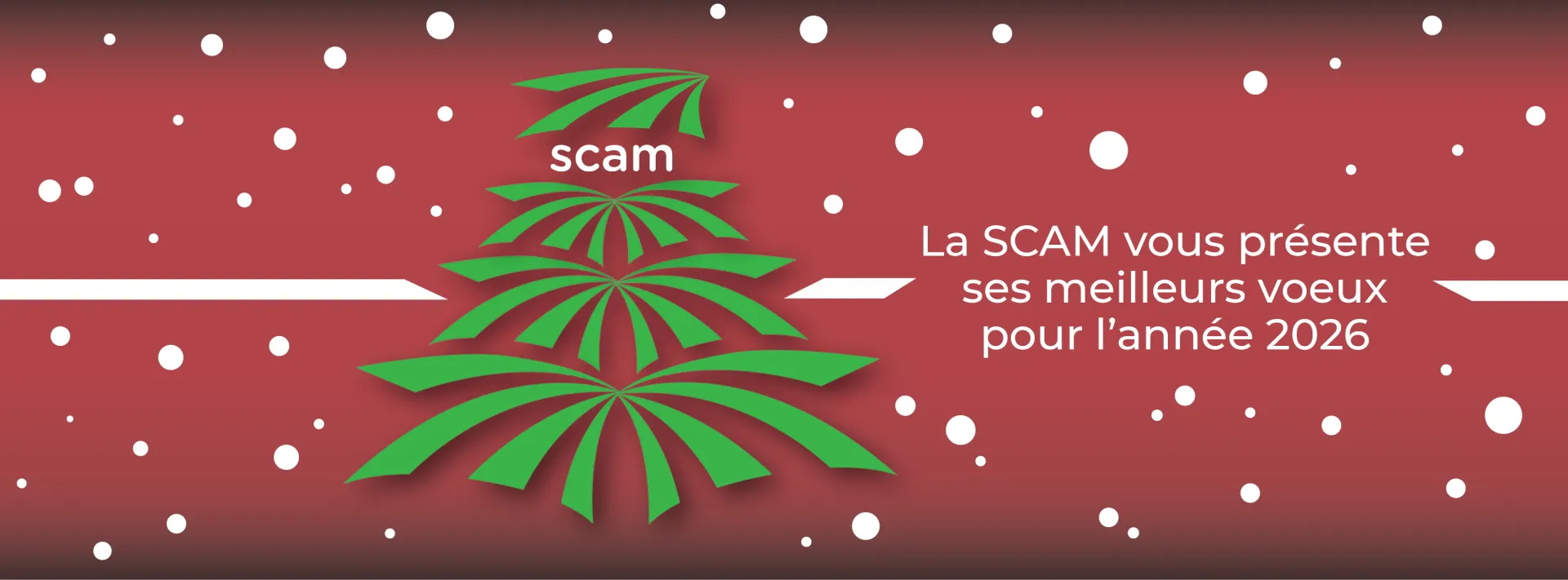 image repr&eacute;sentant un sapin cr&eacute;e avec le logo de la SCAM avec un texte souhaitant les meilleurs voeux &agrave; tous