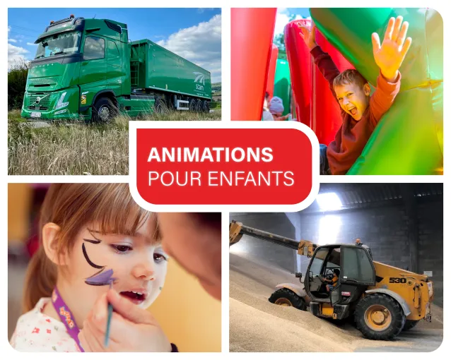 visuel repr&eacute;sentant un camion SCAM, un enfant dans un chateau gonflable, un enfant se faisant maquiller et un manitou 