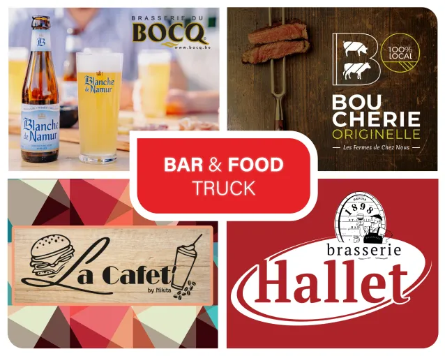 visuel repr&eacute;sentant les logos des diff&eacute;rents prestataires pr&eacute;sent la boucherie originelle, la blanche de namur en collaboration avec la brasserie du Bocq, le brasseur hallet et le food truck la Cafet