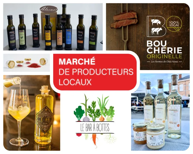 visuel des exposants pr&eacute;sent au march&eacute; des producteurs de la JDE : Alvenat, Boucherie Originelle, L'histoire d'anhony avec son or Gin et son safran, le bar &agrave; bottes et le miel l'hydromel d'un apiculteur locale